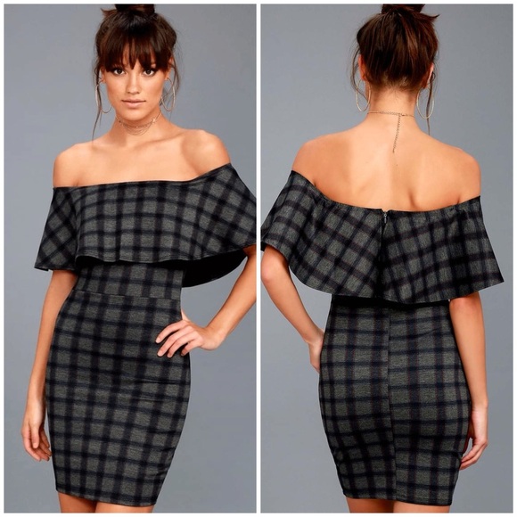 Lulus Small Town‎ Girl Grey Plaid Off-the-Shoulder Bodycon Dress Size XL New - Picture 1 of 11